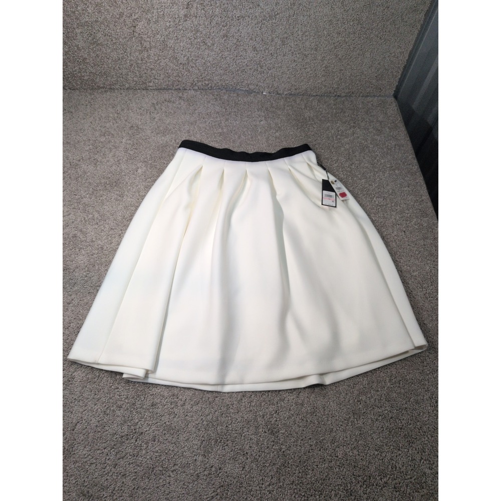 Karl Lagerfeld Paris White Pleated A-Line Skirt Black Waistband Size 10 NWT
